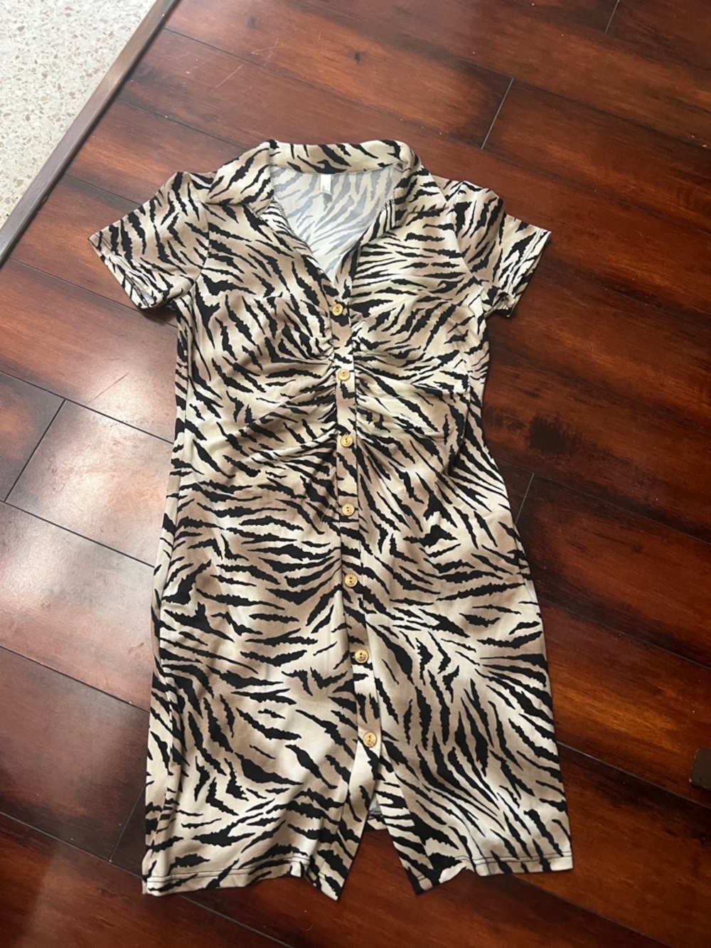 Zebra-Print Beige & Black Button-Front Mini Dress